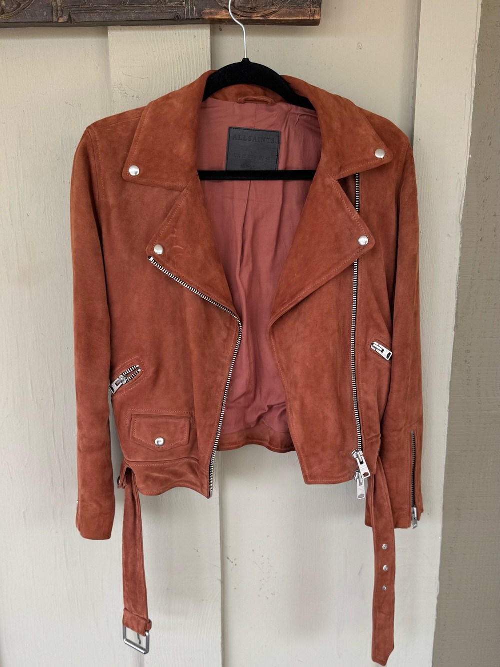 All Saints Suede Moto Jacket in Rust